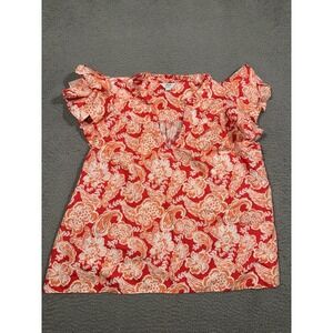 Crown & Ivy Blouse Top Pink Orange Floral‎ Ruffle Sleeve V Neck Tropical PXL